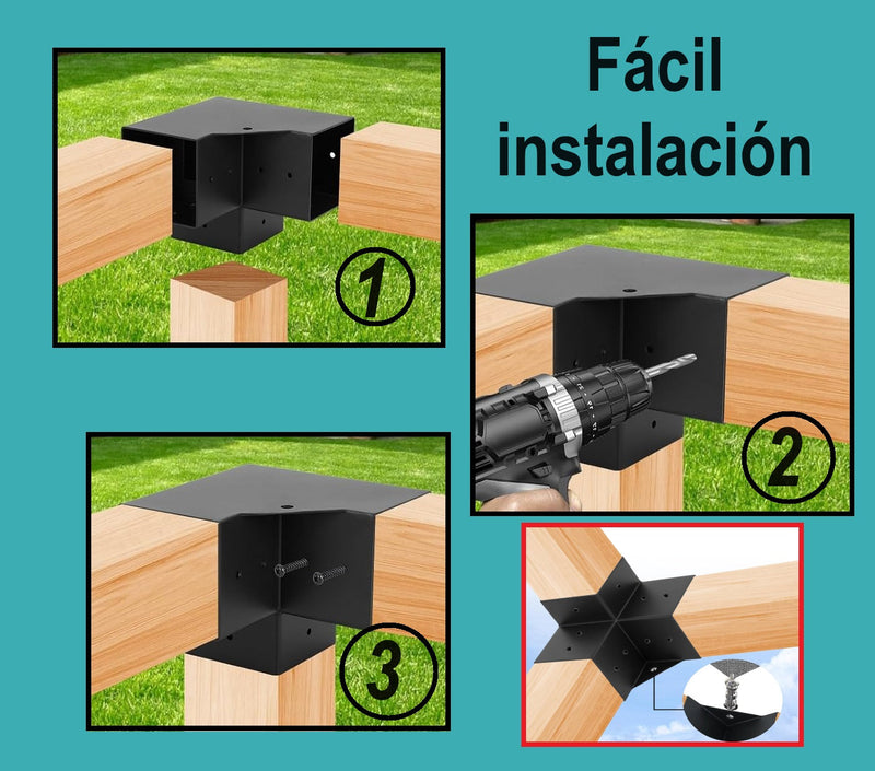 Conector Unión soporte 3 Vías para Tubo Cuadrado Pérgola WPC exteriores 100x100x100 mm