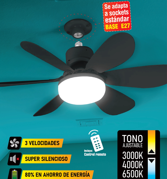Abanico De Techo 20" socket E27 Con Luz Led Tono ajustable 3000/4000/6500K, 1900 Lumens 6 Aspas 3 CCT 520X185mm