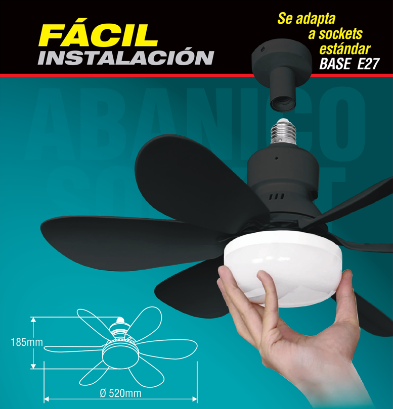 Abanico De Techo 20" socket E27 Con Luz Led Tono ajustable 3000/4000/6500K, 1900 Lumens 6 Aspas 3 CCT 520X185mm