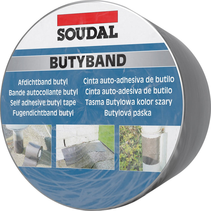 Cinta autoadhesiva impermeabilizante de Butilo, tapa goteras. Color Gris 10cm x 10m. Soudal Butyband