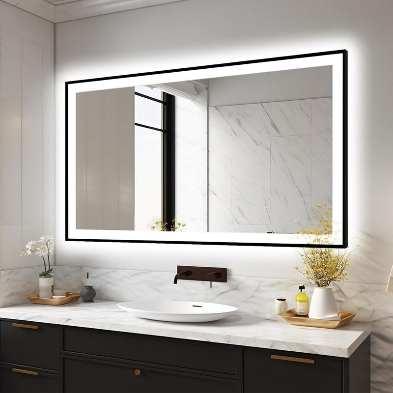 Espejo LED Borde Negro rectangular 80 cm X 120 cm con luz LED de 3 tonos boton tactil funciona para instalacion Vetical y Horizontal