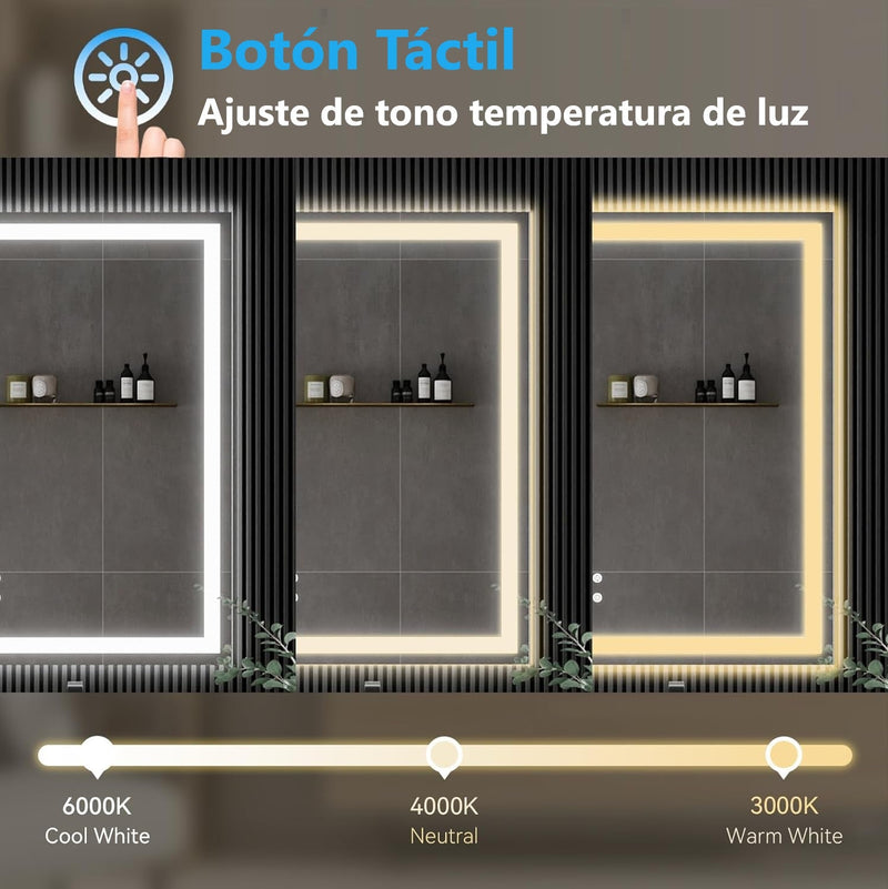 Espejo rectangular 60x80 cm Borde Negro con luz LED de 3 tonos boton tactil funciona para instalacion Vetical y Horizontal