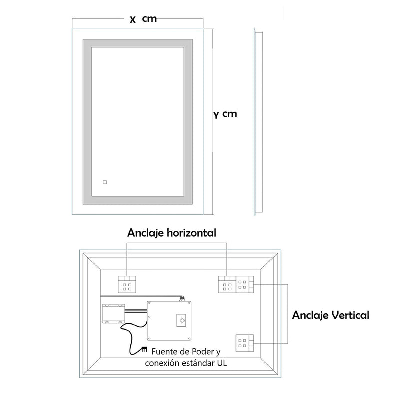 Espejo rectangular 70x90 cm con luz LED de 3 tonos boton tactil funciona para instalacion Vetical y Horizontal