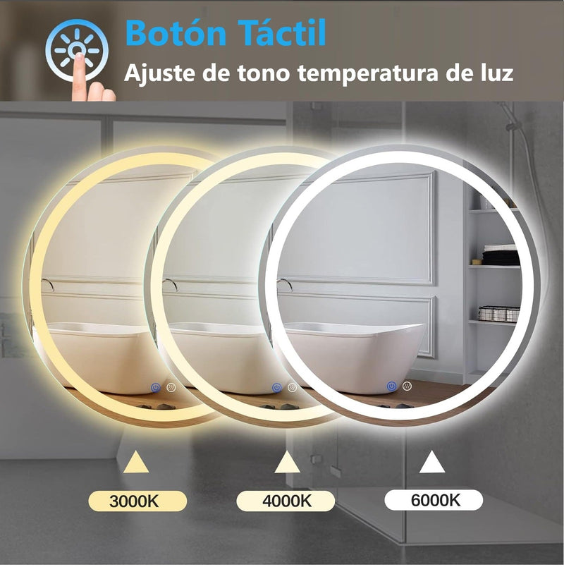 Espejo Circular Diametro 80cm con luz LED de 3 tonos boton tactil