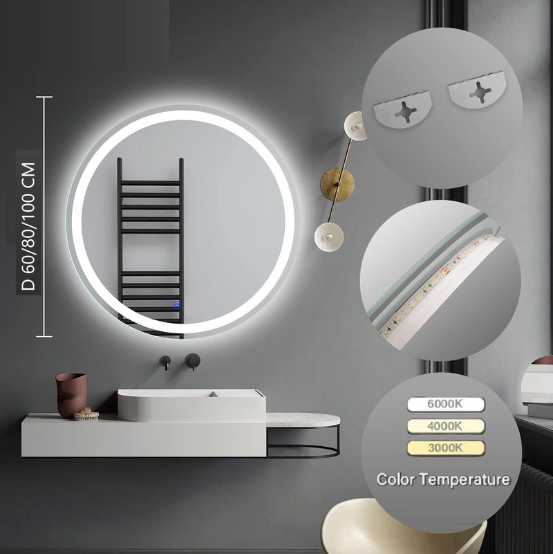 Espejo Circular Diametro 80cm con luz LED de 3 tonos boton tactil