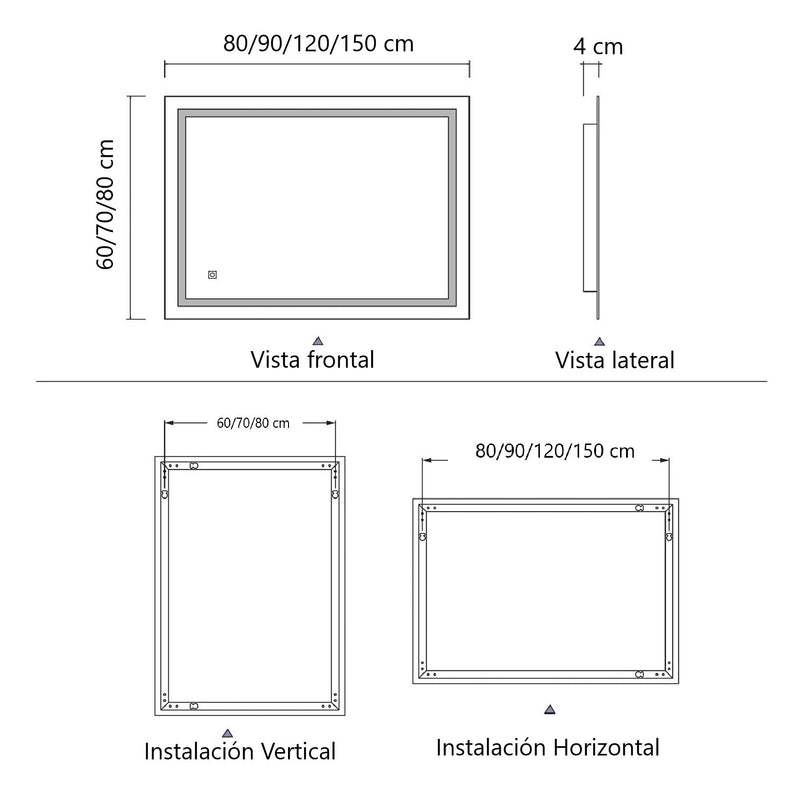 Espejo rectangular 70x90 cm con luz LED de 3 tonos boton tactil funciona para instalacion Vetical y Horizontal