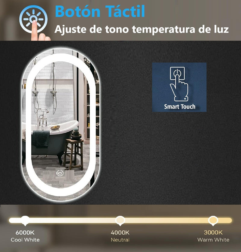Espejo Ovalado 60 cm ancho x 120 cm alto con luz LED de 3 tonos boton tactil
