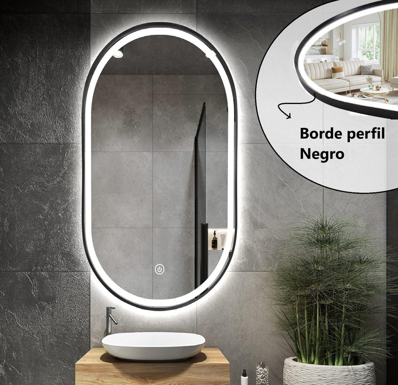Espejo Ovalado con Borde Negro 60cm de ancho x 120 cm de alto con luz LED de 3 tonos boton tactil