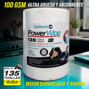 Paño industrial toalla Reutilizable Carbone PowerWipe Rollo de 135 Hojas (45X25cm) Ultra Grueso y Absorbente 100 GSM Mayor Durabilidad y Ahorro