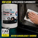 Paño industrial toalla Reutilizable Carbone PowerWipe Rollo de 135 Hojas (45X25cm) Ultra Grueso y Absorbente 100 GSM Mayor Durabilidad y Ahorro