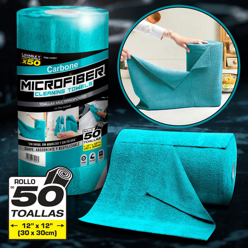 Domino Super Rollo Paños De Microfibra Rollo De 50 Unidades Toallas 12”X12” (30X30cm). Tr ...