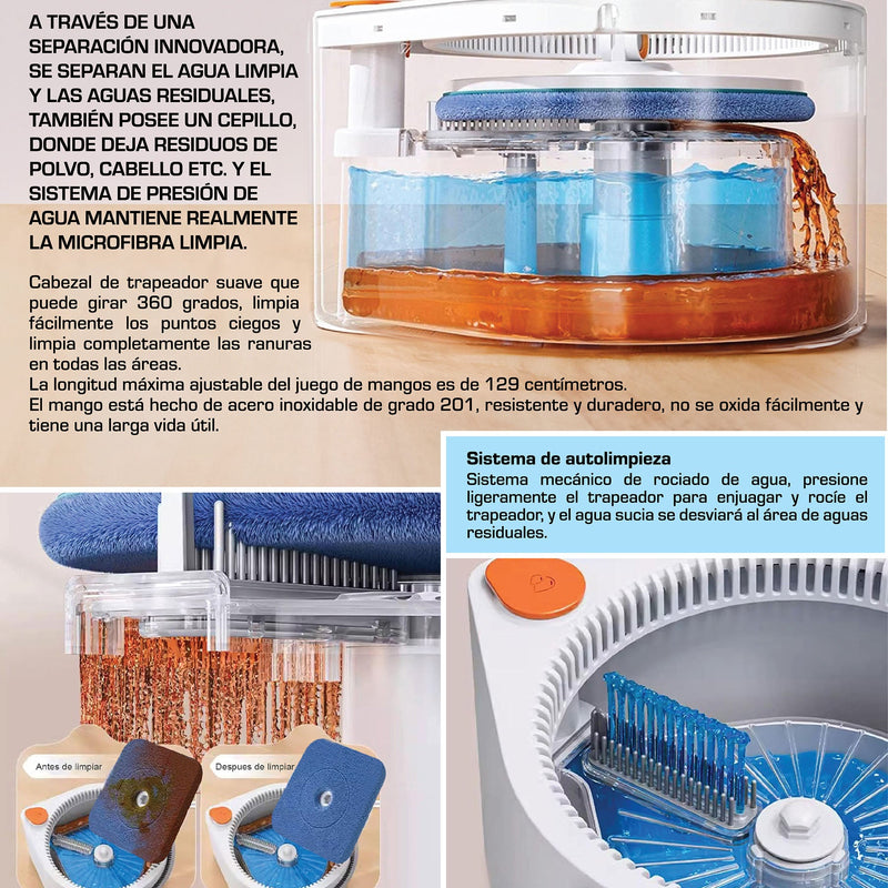 Trapeador Aqua Pure Spin Mop giratorio con tina separadora de agua limpia y sucia de 3 lts