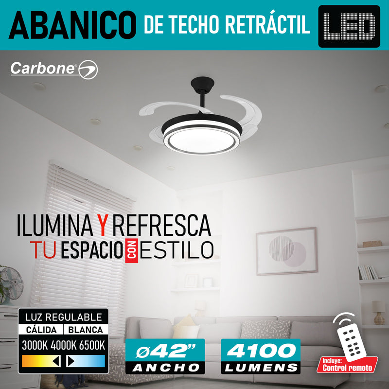 Abanico De Techo Con Lámpara. 3 tonos de luz. 42" Ventilador a control remoto. Fan 110v Color Negro