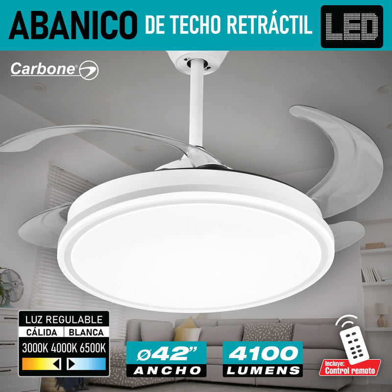 Abanico De Techo Con Lámpara. 3 tonos de luz. 42" Ventilador a control remoto. Fan 110v Color blanco