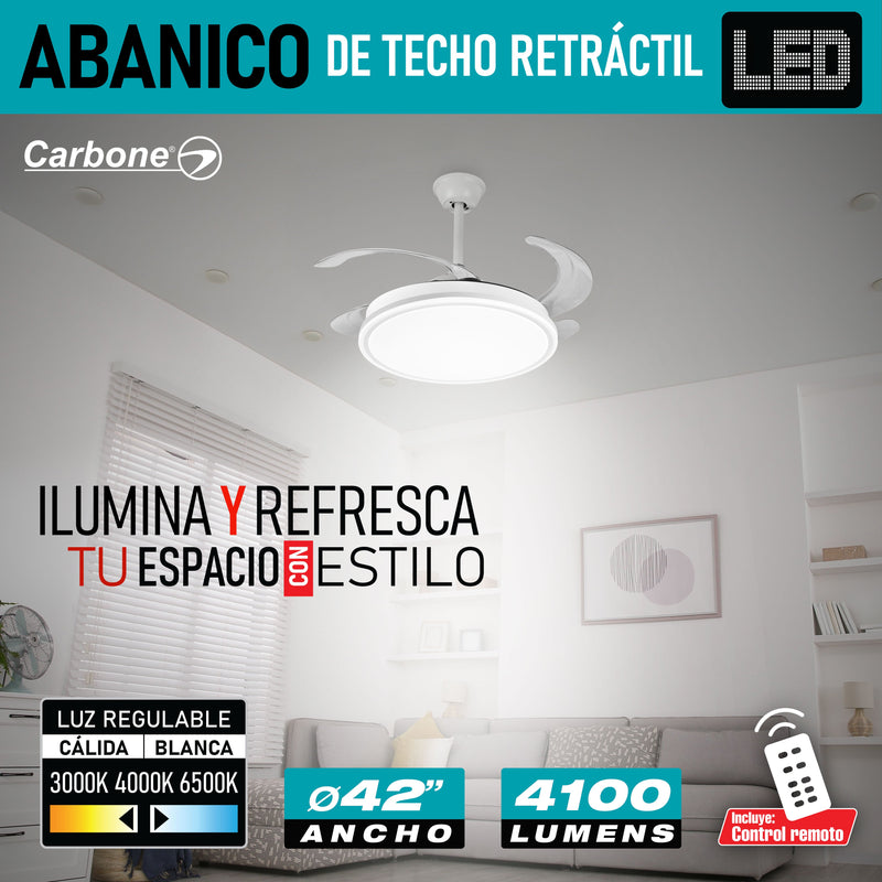 Abanico De Techo Con Lámpara. 3 tonos de luz. 42" Ventilador a control remoto. Fan 110v Color blanco