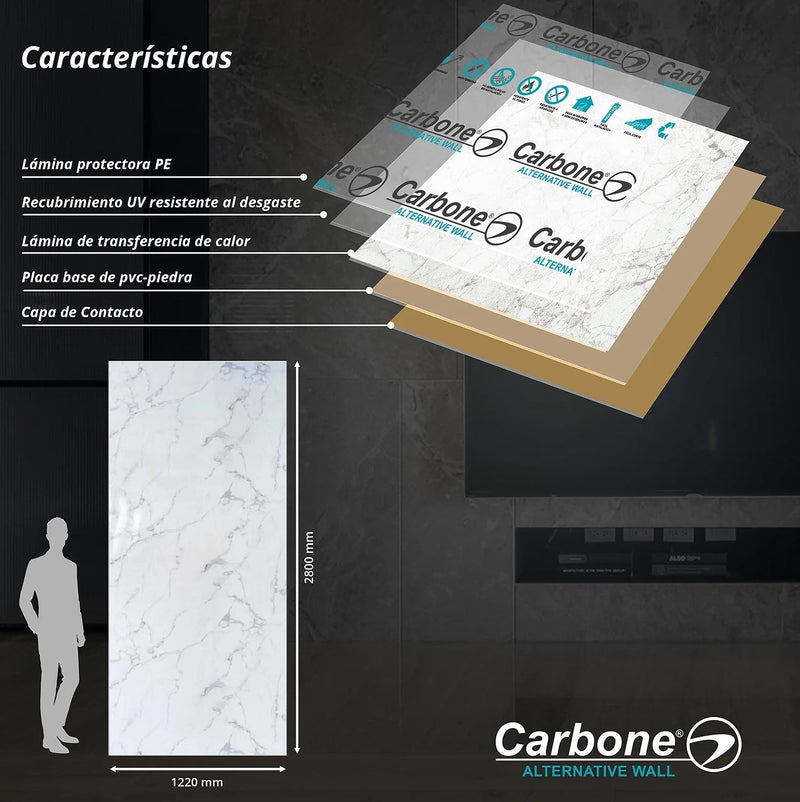 Panel Decorativo Mármol PVC  1.22m x 2.80m x 3mm Cuarzo Blanco (Línea económica) Láminas de PVC para paredes y techo..