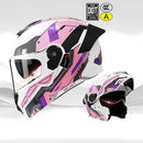 Casco modular para motocicleta blanco y rosado diseño futurista, SKU TU383