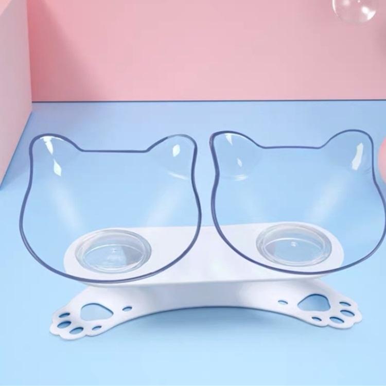 Tazon doble para gatos con soporte. Plastico transparente y soporte blanco.