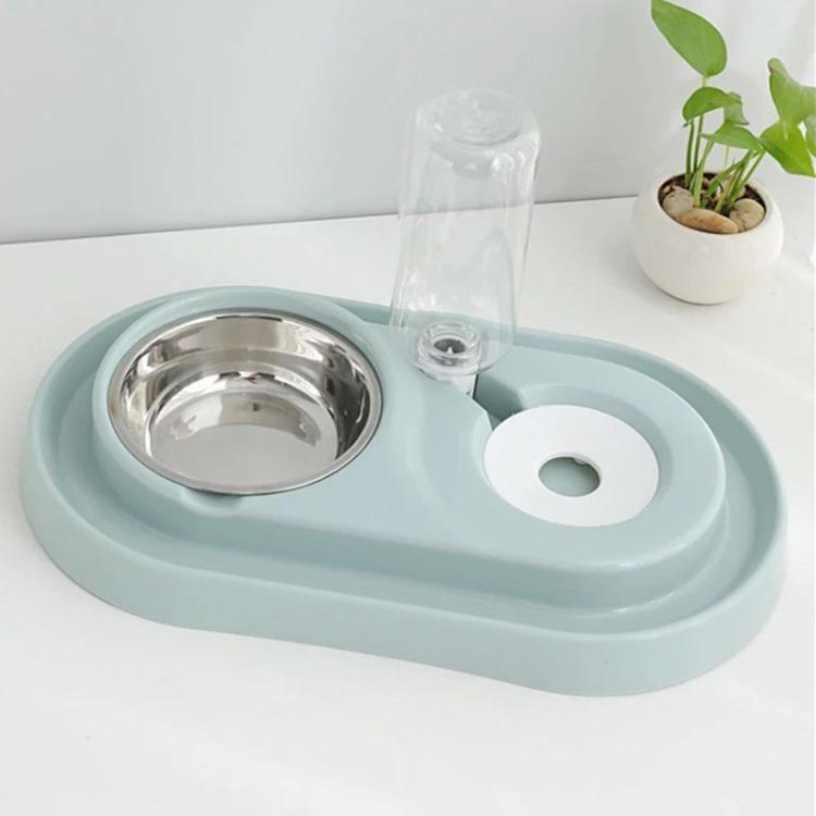 Tazon doble de agua y alimento para mascotas con base y soporte de plastico. Color Gris