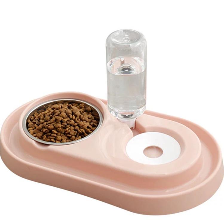 Tazon doble de agua y alimento para mascotas con base y soporte de plastico. Color Rosado