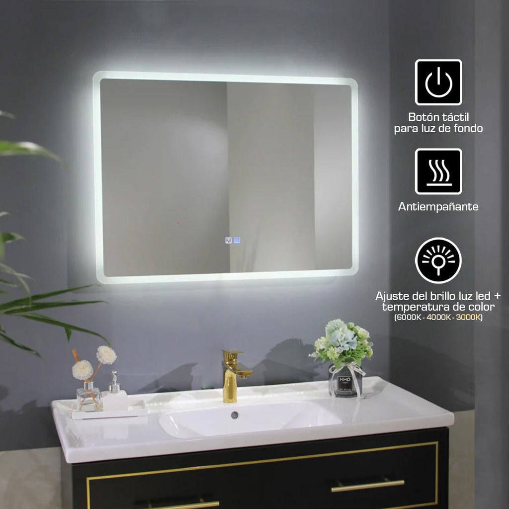 Espejo baño rectangular con led 100 x 70 cm, 2 botón tátil
