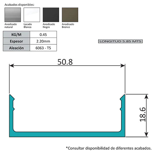 PF-113 Tapa Plana Decorativa Muro Cortina Perfil Visto. Espesor 2.2 Mm. Largo 5.85 Mts. Acabado Anod