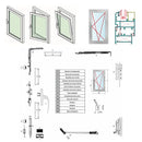 Para sistema de ventana Abisagrada de 45 mm. Incluye manilla, bisagra, cierres, barra de transmision