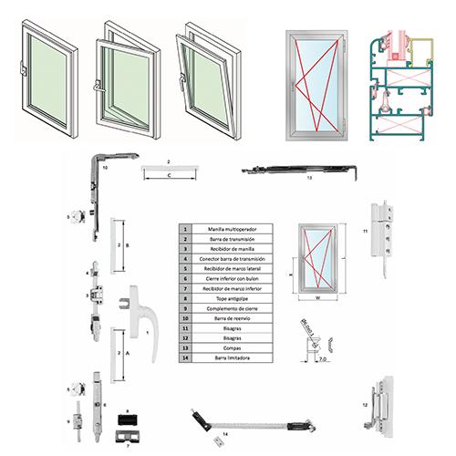 Para sistema de ventana Abisagrada de 45 mm. Incluye manilla, bisagra, cierres, barra de transmision