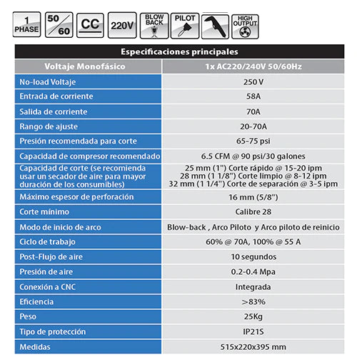 DIGI-CUT70(CNC)Cortador Plasma 70 Amp.220 Volts.Corta Hasta28 Mm.Con Conector P/Mesa De Corte CNC.