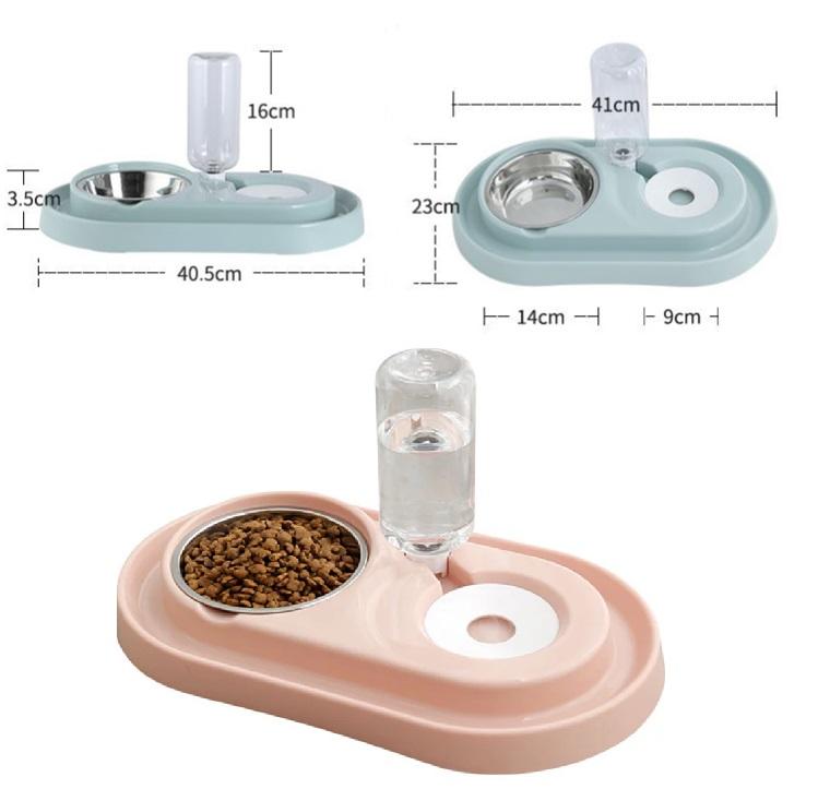 Tazon Doble De Agua Y Alimento Para Mascotas Con Base Y Soporte De Plastico. Color Gris