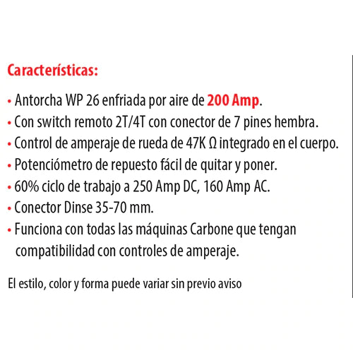 Antorcha Tig WP 26 Cabeza Rigida Con Control De Amperaje 47K.(Dinse 35Mm) 6 Mts.